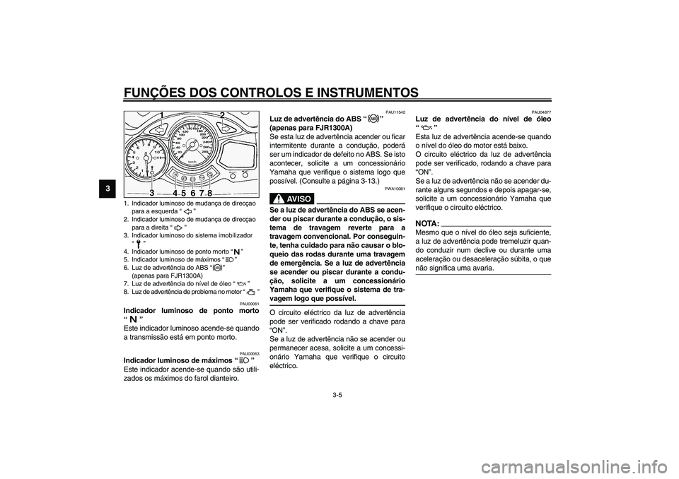 YAMAHA FJR1300A 2003  Manual de utilização (in Portuguese) FUNÇÕES DOS CONTROLOS E INSTRUMENTOS
3-5
3
PAU00061
Indicador luminoso de ponto morto
“” 
Este indicador luminoso acende-se quando
a transmissão está em ponto morto.
PAU00063
Indicador luminos