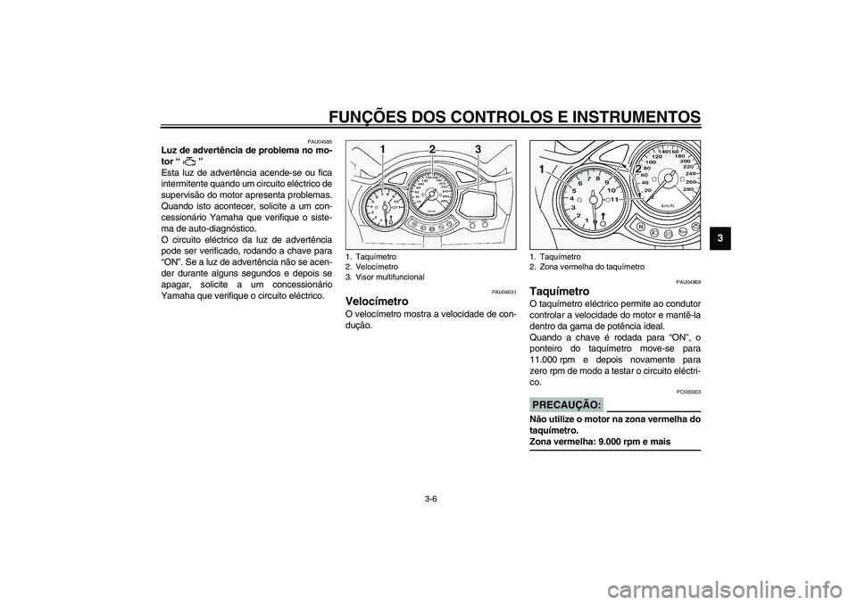 YAMAHA FJR1300A 2003  Manual de utilização (in Portuguese) FUNÇÕES DOS CONTROLOS E INSTRUMENTOS
3-6
3
PAU04585
Luz de advertência de problema no mo-
tor “ ” 
Esta luz de advertência acende-se ou fica
intermitente quando um circuito eléctrico de
super
