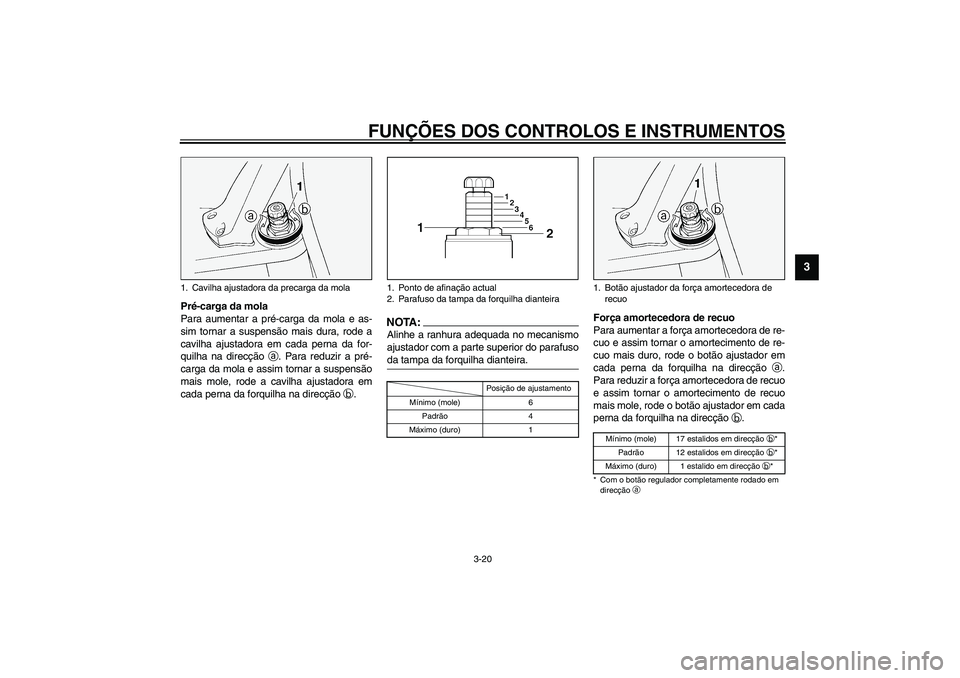 YAMAHA FJR1300A 2003  Manual de utilização (in Portuguese) FUNÇÕES DOS CONTROLOS E INSTRUMENTOS
3-20
3
Pré-carga da mola
Para aumentar a pré-carga da mola e as-
sim tornar a suspensão mais dura, rode a
cavilha ajustadora em cada perna da for-
quilha na d