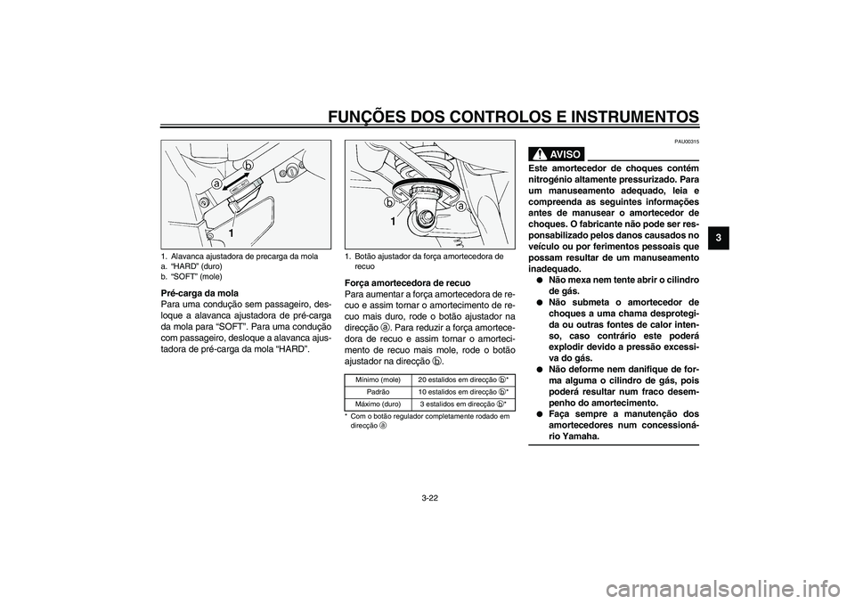 YAMAHA FJR1300A 2003  Manual de utilização (in Portuguese) FUNÇÕES DOS CONTROLOS E INSTRUMENTOS
3-22
3
Pré-carga da mola
Para uma condução sem passageiro, des-
loque a alavanca ajustadora de pré-carga
da mola para “SOFT”. Para uma condução
com pas