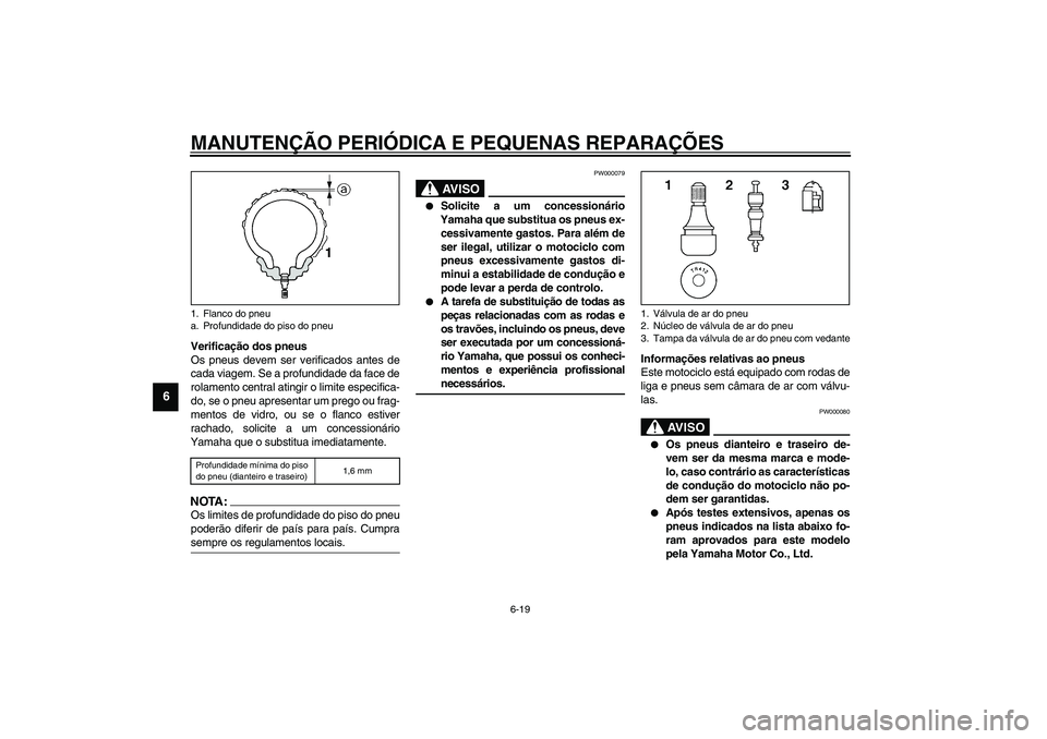 YAMAHA FJR1300A 2003  Manual de utilização (in Portuguese) MANUTENÇÃO PERIÓDICA E PEQUENAS REPARAÇÕES
6-19
6
Verificação dos pneus
Os pneus devem ser verificados antes de
cada viagem. Se a profundidade da face de
rolamento central atingir o limite espe