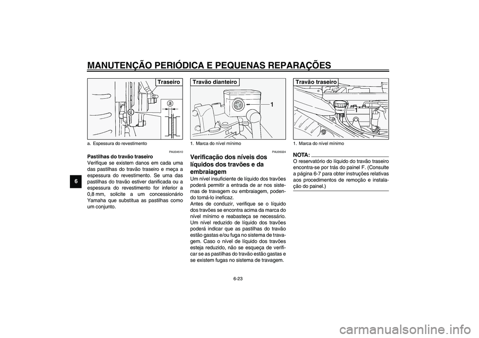 YAMAHA FJR1300A 2003  Manual de utilização (in Portuguese) MANUTENÇÃO PERIÓDICA E PEQUENAS REPARAÇÕES
6-23
6
PAU04510
Pastilhas do travão traseiro
Verifique se existem danos em cada uma
das pastilhas do travão traseiro e meça a
espessura do revestimen