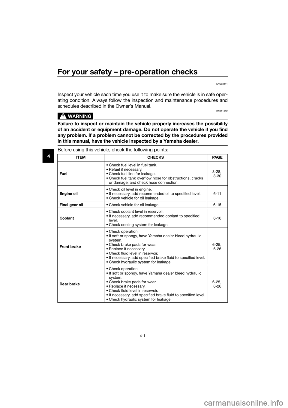 YAMAHA FJR1300AE 2020  Owners Manual For your safety – pre-operation checks
4-1
4
EAU63441
Inspect your vehicle each time you use it to make sure the vehicle is in safe oper-
ating condition. Always follow the inspection and maintenanc