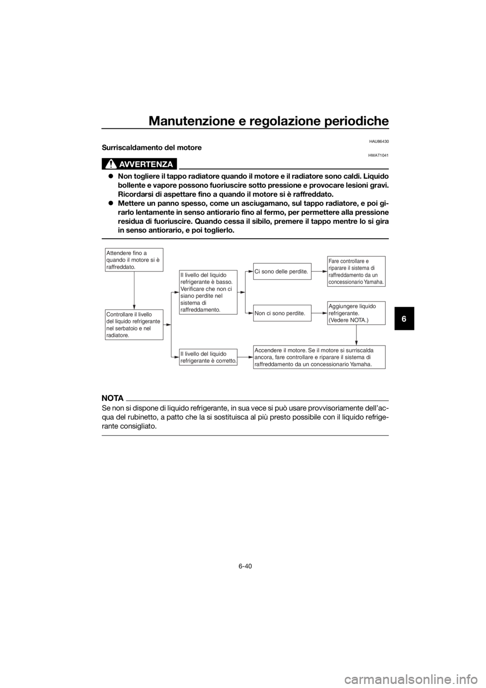 YAMAHA FJR1300AE 2020  Manuale duso (in Italian) Manutenzione e regolazione periodiche
6-40
6
HAU86430Surriscal damento  del motore
AVVERTENZA
HWAT1041
 Non to gliere il tappo ra diatore  quand o il motore e il ra diatore sono cal di. Li qui do
b