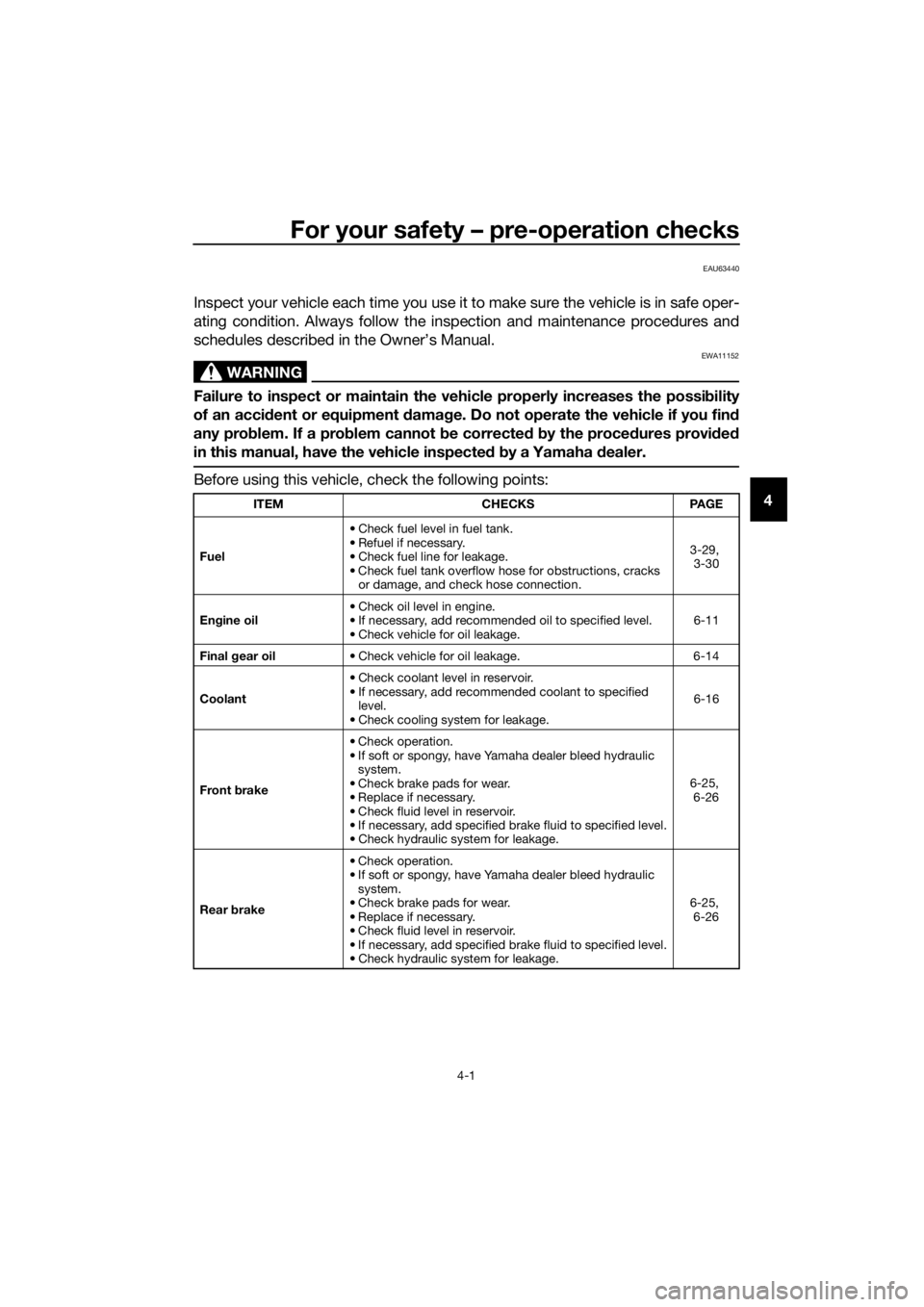 YAMAHA FJR1300AE 2018  Owners Manual For your safety – pre-operation checks
4-1
4
EAU63440
Inspect your vehicle each time you use it to make sure the vehicle is in safe oper-
ating condition. Always follow the inspection and maintenanc