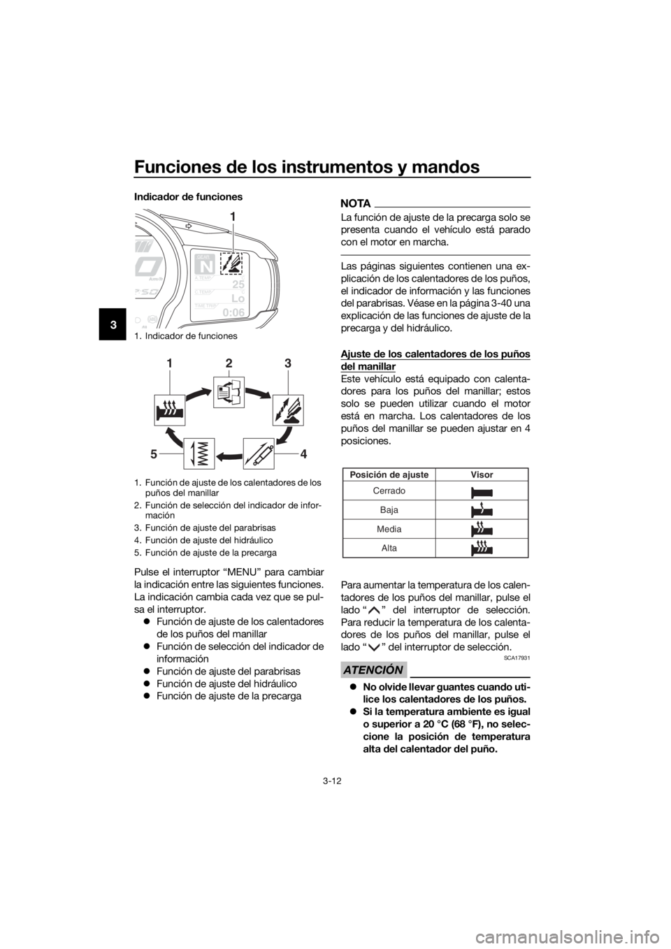 YAMAHA FJR1300AE 2018 Manuale de Empleo (in Spanish) Funciones de los instrumentos y man dos
3-12
3
In dica dor de funciones
Pulse el interruptor “MENU” para cambiar
la indicación entre las siguientes funciones.
La indicación cambia cada vez que YAMAHA FJR1300AE 2018 Manuale de Empleo (in Spanish) Funciones de los instrumentos y man dos
3-12
3
In dica dor de funciones
Pulse el interruptor “MENU” para cambiar
la indicación entre las siguientes funciones.
La indicación cambia cada vez que