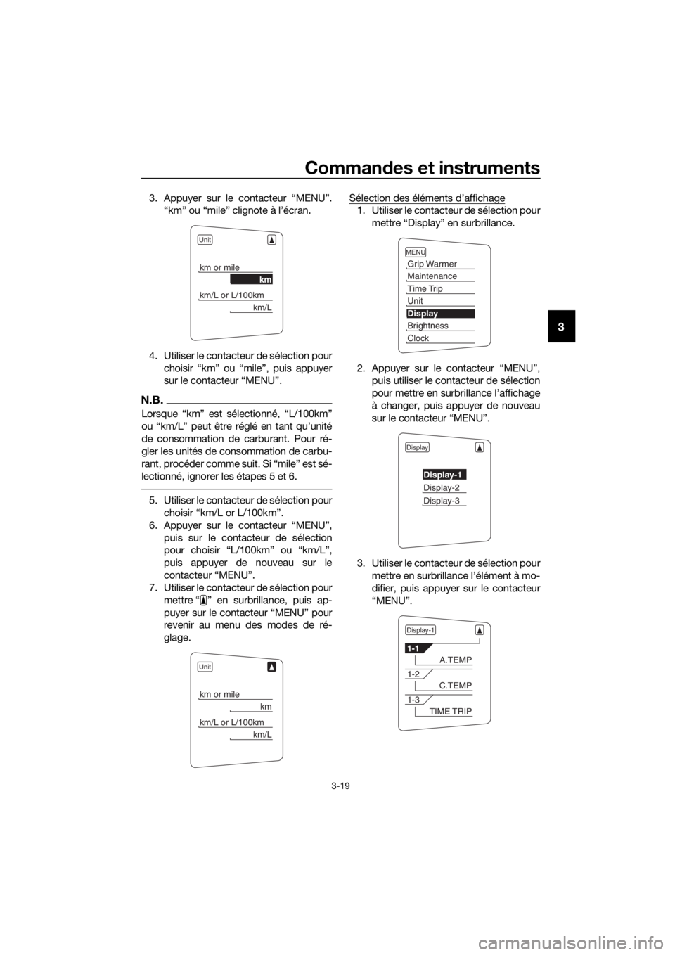 YAMAHA FJR1300AE 2018  Notices Demploi (in French) Commandes et instruments
3-19
3
3. Appuyer sur le contacteur “MENU”.
“km” ou “mile” clignote à l’écran.
4. Utiliser le contacteur de sélection pour choisir “km” ou “mile”, pui