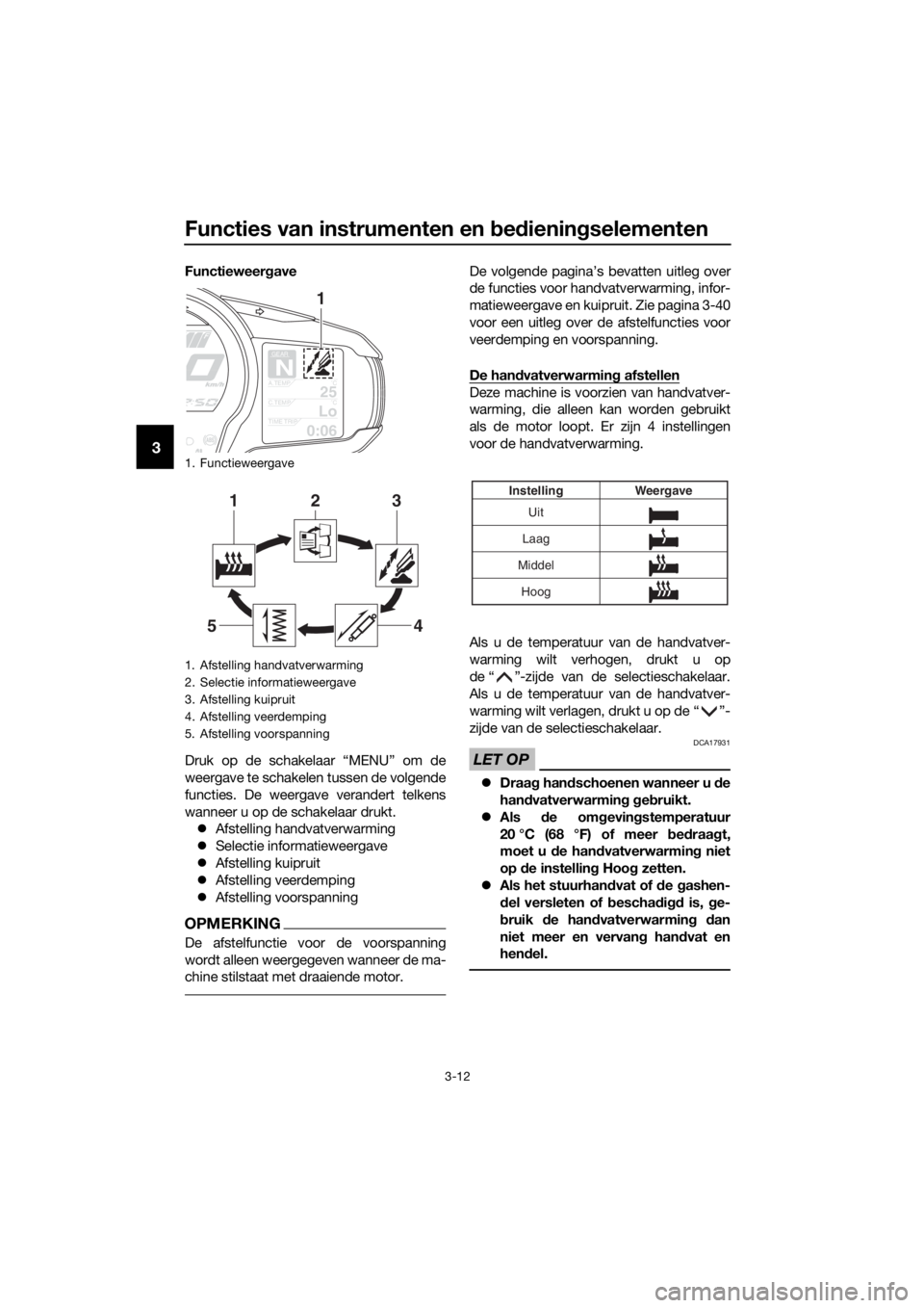 YAMAHA FJR1300AE 2018 Instructieboekje (in Dutch) Functies van instrumenten en bed iening selementen
3-12
3
Functieweerg ave
Druk op de schakelaar “MENU” om de
weergave te schakelen tussen de volgende
functies. De weergave verandert telkens
wanne YAMAHA FJR1300AE 2018 Instructieboekje (in Dutch) Functies van instrumenten en bed iening selementen
3-12
3
Functieweerg ave
Druk op de schakelaar “MENU” om de
weergave te schakelen tussen de volgende
functies. De weergave verandert telkens
wanne