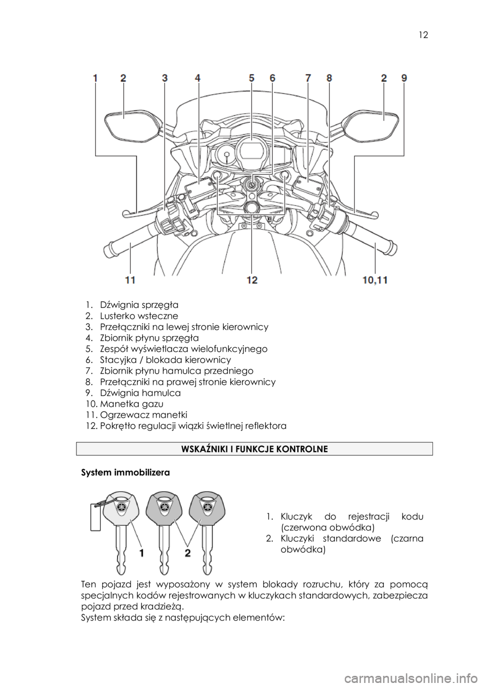 YAMAHA FJR1300AE 2016  Instrukcja obsługi (in Polish)  
   
12 
 
        
 
 
1. Dźwignia sprzęgła 
2. Lusterko wsteczne 
3. Przełączniki na lewej stronie kierownicy 
4. Zbiornik płynu sprzęgła 
5. Zespół wyświetlacza wielofunkcyjnego 
6. Sta