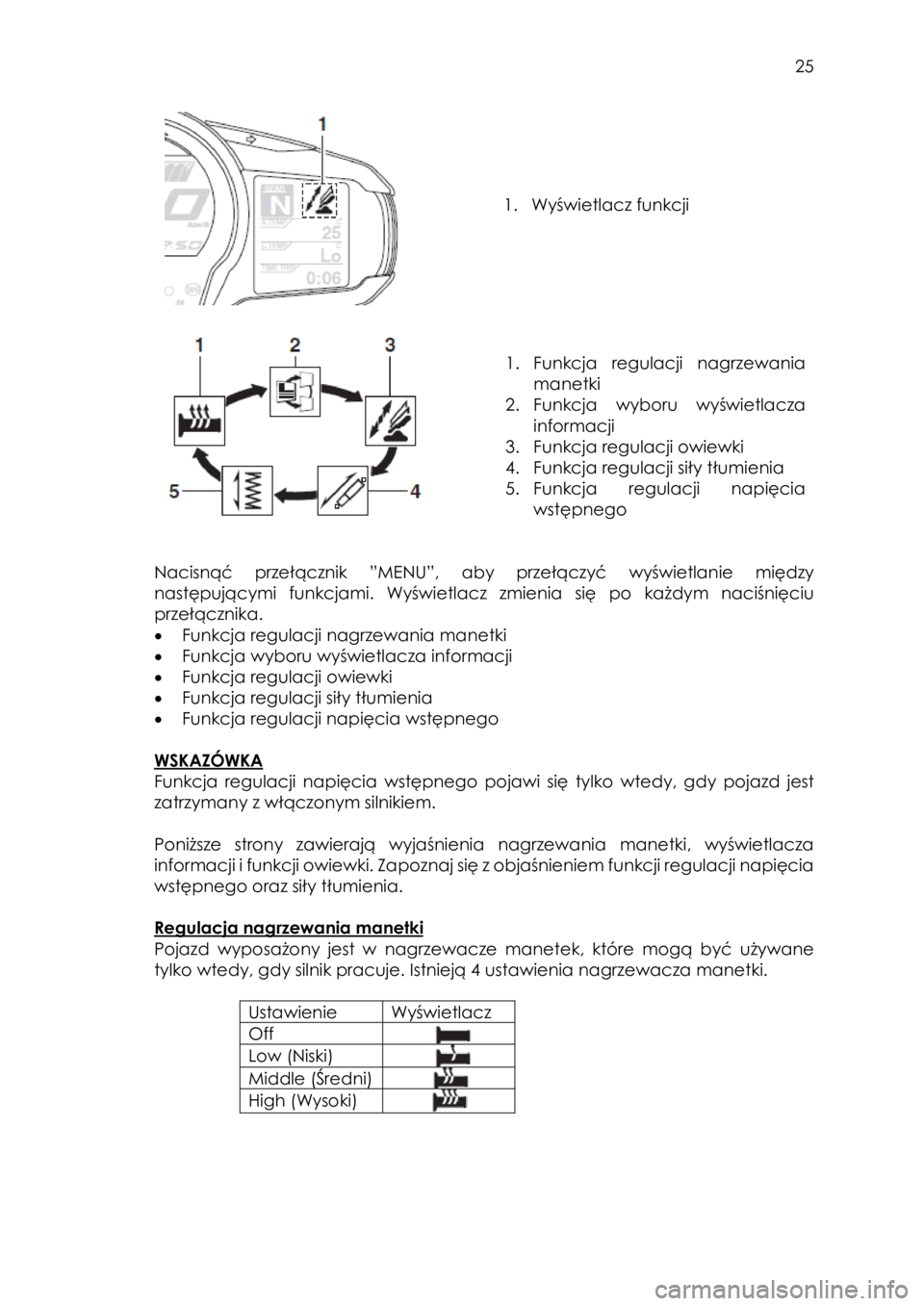 YAMAHA FJR1300AE 2016  Instrukcja obsługi (in Polish)  
   
25 
 
 
 
 
 
 
1. Wyświetlacz funkcji 
 
 
 
 
1. Funkcja  regulacji nagrzewania 
manetki 
2. Funkcja  wyboru  wyświetlacza 
informacji 
3. Funkcja regulacji owiewki 
4. Funkcja regulacji si�