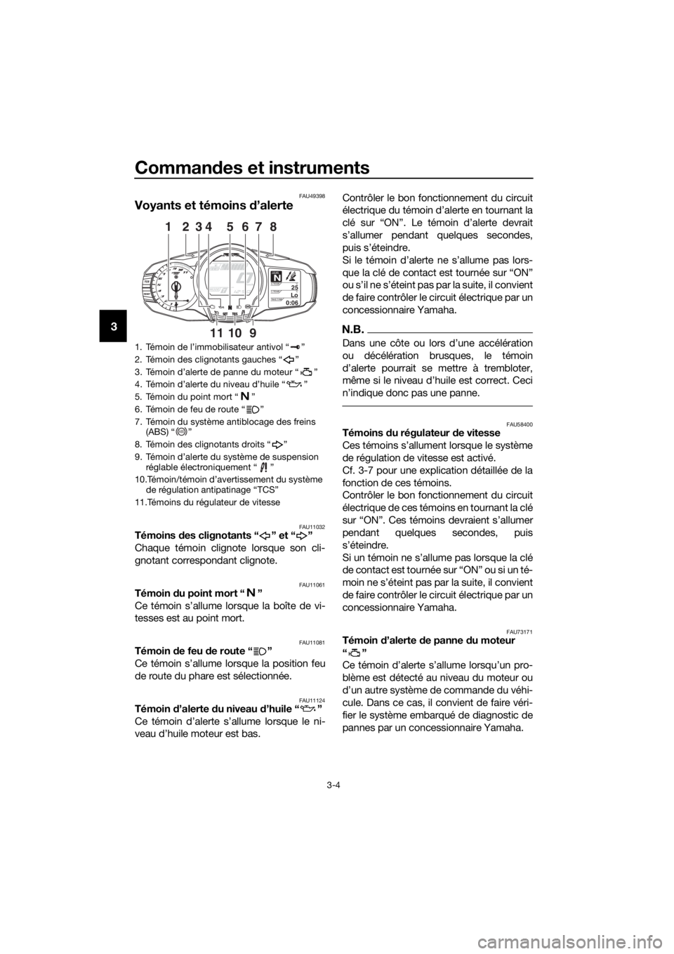 YAMAHA FJR1300AE 2016  Notices Demploi (in French) Commandes et instruments
3-4
3
FAU49398
Voyants et témoins  d’alerte
FAU11032Témoins  des clignotants “ ” et “ ”
Chaque témoin clignote lorsque son cli-
gnotant correspondant clignote.
FA