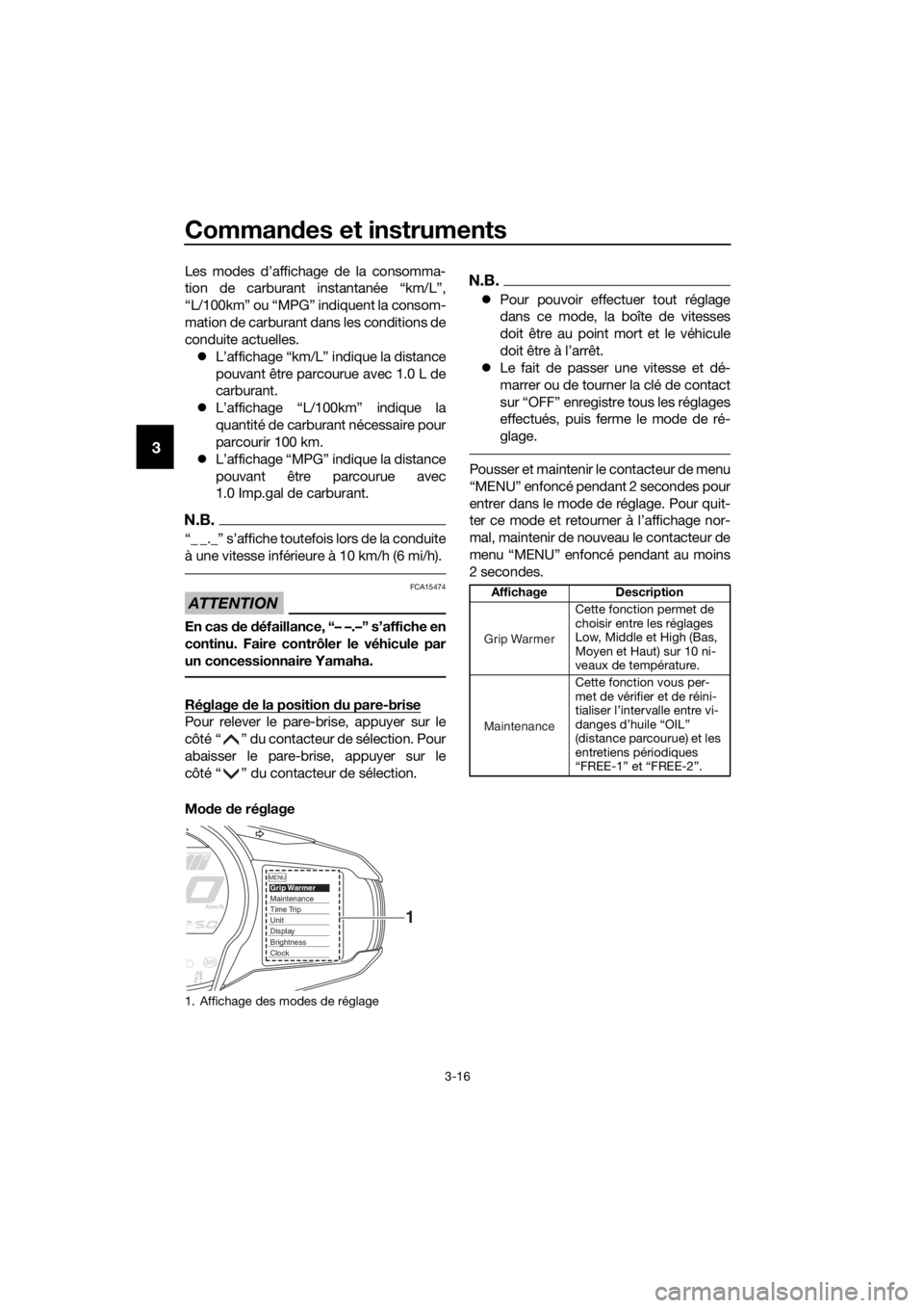 YAMAHA FJR1300AE 2016  Notices Demploi (in French) Commandes et instruments
3-16
3
Les modes d’affichage de la consomma-
tion de carburant instantanée “km/L”,
“L/100km” ou “MPG” indiquent la consom-
mation de carburant dans les conditio