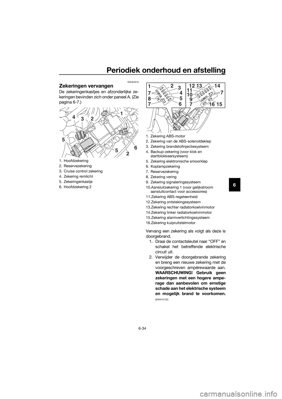 YAMAHA FJR1300AE 2016  Instructieboekje (in Dutch) Periodiek on derhou d en afstellin g
6-34
6
DAU54515
Zekeringen vervan gen
De zekeringenkastjes en afzonderlijke ze-
keringen bevinden zich onder paneel A. (Zie
pagina 6-7.)
Vervang een zekering als v
