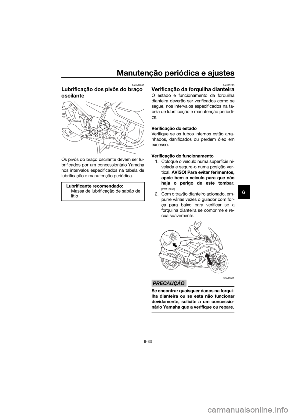 YAMAHA FJR1300AE 2016  Manual de utilização (in Portuguese) Manutenção periódica e ajustes
6-33
6
PAUM1653
Lubrificação  dos pivôs  do braço 
oscilante
Os pivôs do braço oscilante devem ser lu-
brificados por um concessionário Yamaha
nos intervalos e