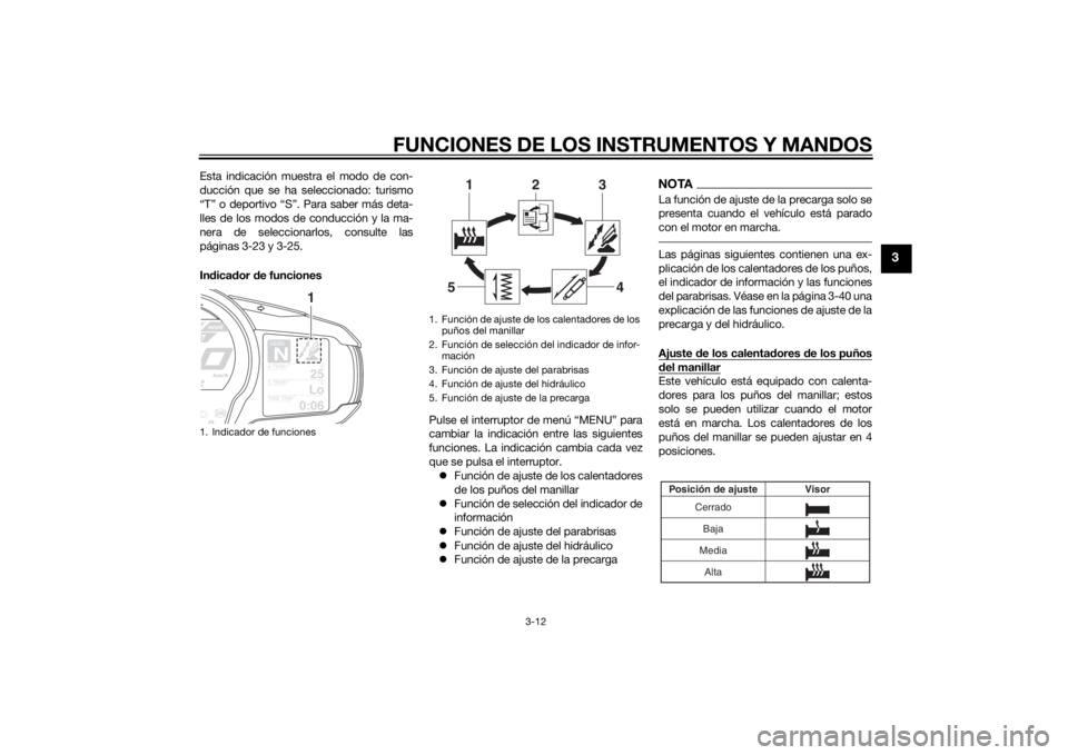 YAMAHA FJR1300AE 2015 Manuale de Empleo (in Spanish) FUNCIONES DE LOS INSTRUMENTOS Y MANDOS
3-12
3
Esta indicación muestra el modo de con-
ducción que se ha seleccionado: turismo
“T” o deportivo “S”. Para saber más deta-
lles de los modos de YAMAHA FJR1300AE 2015 Manuale de Empleo (in Spanish) FUNCIONES DE LOS INSTRUMENTOS Y MANDOS
3-12
3
Esta indicación muestra el modo de con-
ducción que se ha seleccionado: turismo
“T” o deportivo “S”. Para saber más deta-
lles de los modos de
