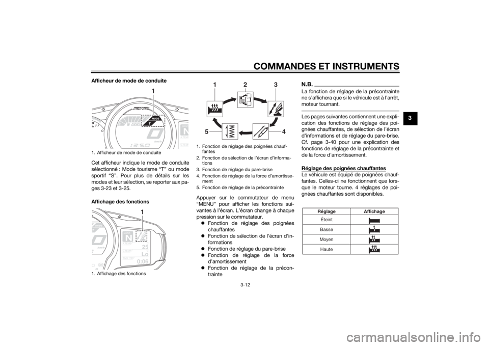YAMAHA FJR1300AE 2015 Notices Demploi (in French) COMMANDES ET INSTRUMENTS
3-12
3
Afficheur de mo de de con duite
Cet afficheur indique le mode de conduite
sélectionné : Mode tourisme “T” ou mode
sportif “S”. Pour plus de détails sur les
YAMAHA FJR1300AE 2015 Notices Demploi (in French) COMMANDES ET INSTRUMENTS
3-12
3
Afficheur de mo de de con duite
Cet afficheur indique le mode de conduite
sélectionné : Mode tourisme “T” ou mode
sportif “S”. Pour plus de détails sur les