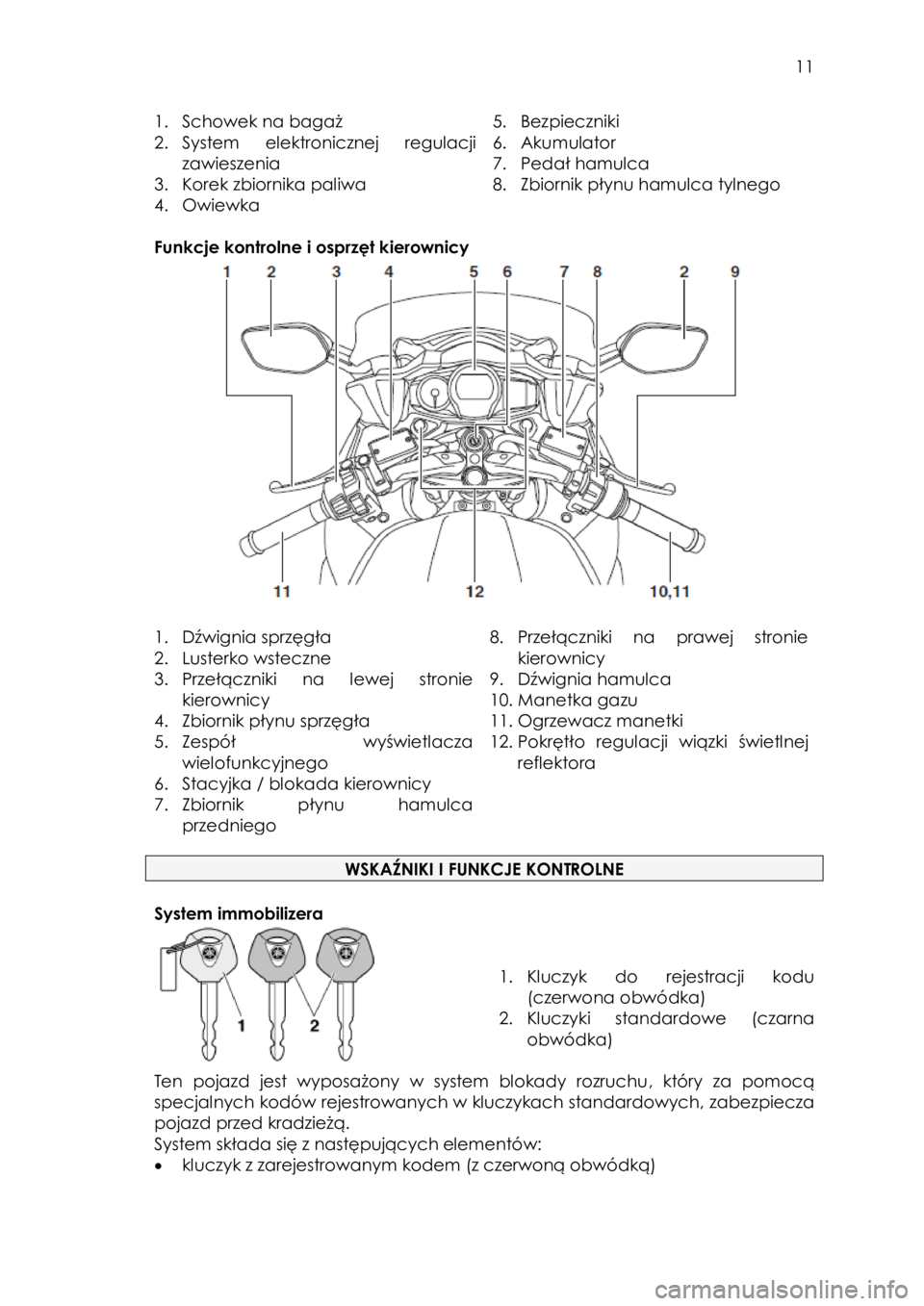 YAMAHA FJR1300AE 2015 Instrukcja obsługi (in Polish)
11
1. Schowek na bagaż
2. System elektronicznej regulacji
zawieszenia
3. Korek zbiornika paliwa
4. Owiewka
5. Bezpieczniki
6. Akumulator
7. Pedał hamulca
8. Zbiornik płynu hamul YAMAHA FJR1300AE 2015 Instrukcja obsługi (in Polish)
11
1. Schowek na bagaż
2. System elektronicznej regulacji
zawieszenia
3. Korek zbiornika paliwa
4. Owiewka
5. Bezpieczniki
6. Akumulator
7. Pedał hamulca
8. Zbiornik płynu hamul