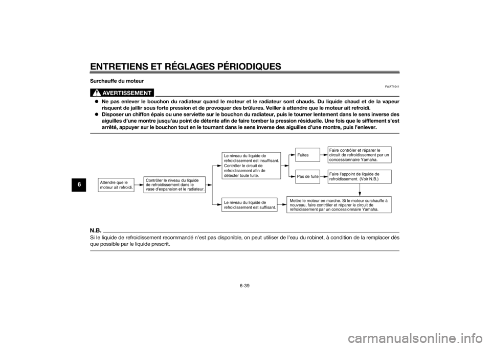 YAMAHA FJR1300AE 2014 Notices Demploi (in French) ENTRETIENS ET RÉGLAGES PÉRIODIQUES
6-39
6
Surchauffe du moteur
AVERTISSEMENT
FWAT1041
Ne pas enlever le bouchon du ra diateur quan d le moteur et le ra diateur sont chaud s. Du liquide chaud et YAMAHA FJR1300AE 2014 Notices Demploi (in French) ENTRETIENS ET RÉGLAGES PÉRIODIQUES
6-39
6
Surchauffe du moteur
AVERTISSEMENT
FWAT1041
Ne pas enlever le bouchon du ra diateur quan d le moteur et le ra diateur sont chaud s. Du liquide chaud et