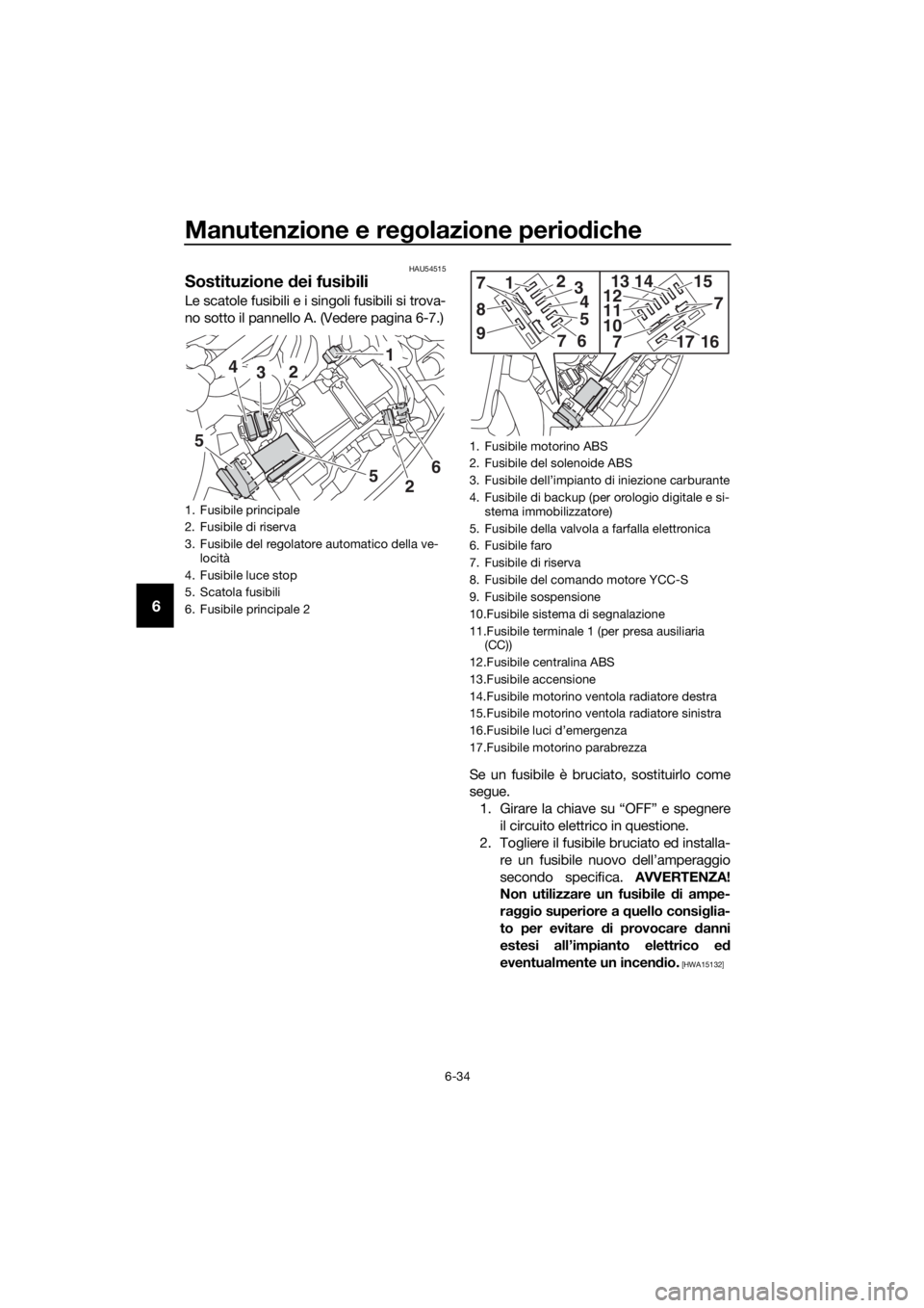 YAMAHA FJR1300AS 2018  Manuale duso (in Italian) Manutenzione e regolazione perio diche
6-34
6
HAU54515
Sostituzione  dei fusibili
Le scatole fusibili e i singoli fusibili si trova-
no sotto il pannello A. (Vedere pagina 6-7.)
Se un fusibile è bruc