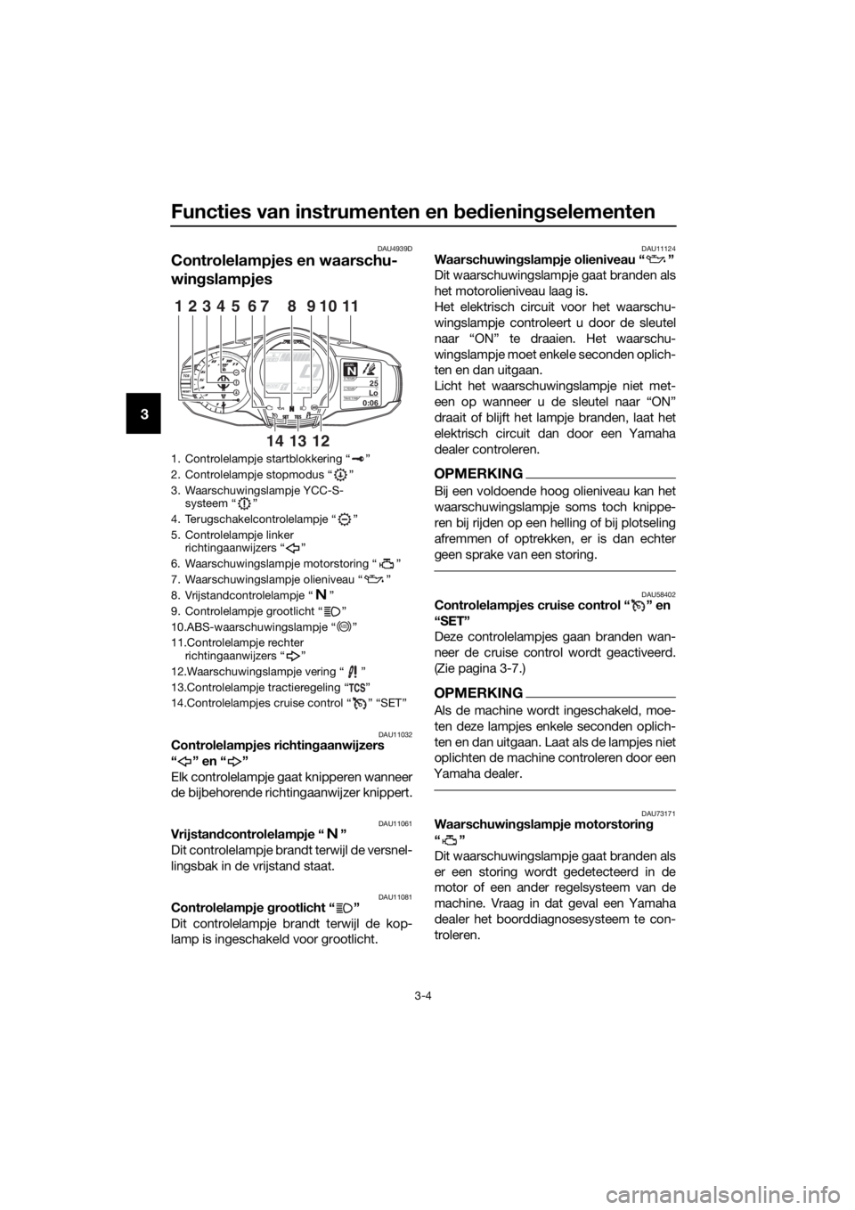 YAMAHA FJR1300AS 2018  Instructieboekje (in Dutch) Functies van instrumenten en bed iening selementen
3-4
3
DAU4939D
Controlelampjes en waarschu-
wingslampjes
DAU11032Controlelampjes richtin gaanwijzers
“” en“”
Elk controlelampje gaat knippere