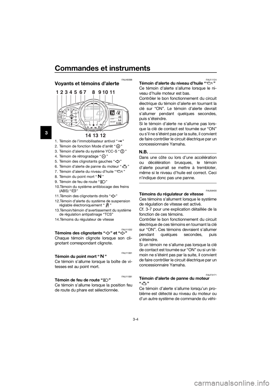 YAMAHA FJR1300AS 2016  Notices Demploi (in French) Commandes et instruments
3-4
3
FAU49398
Voyants et témoins  d’alerte
FAU11032Témoins  des clignotants “ ” et “ ”
Chaque témoin clignote lorsque son cli-
gnotant correspondant clignote.
FA