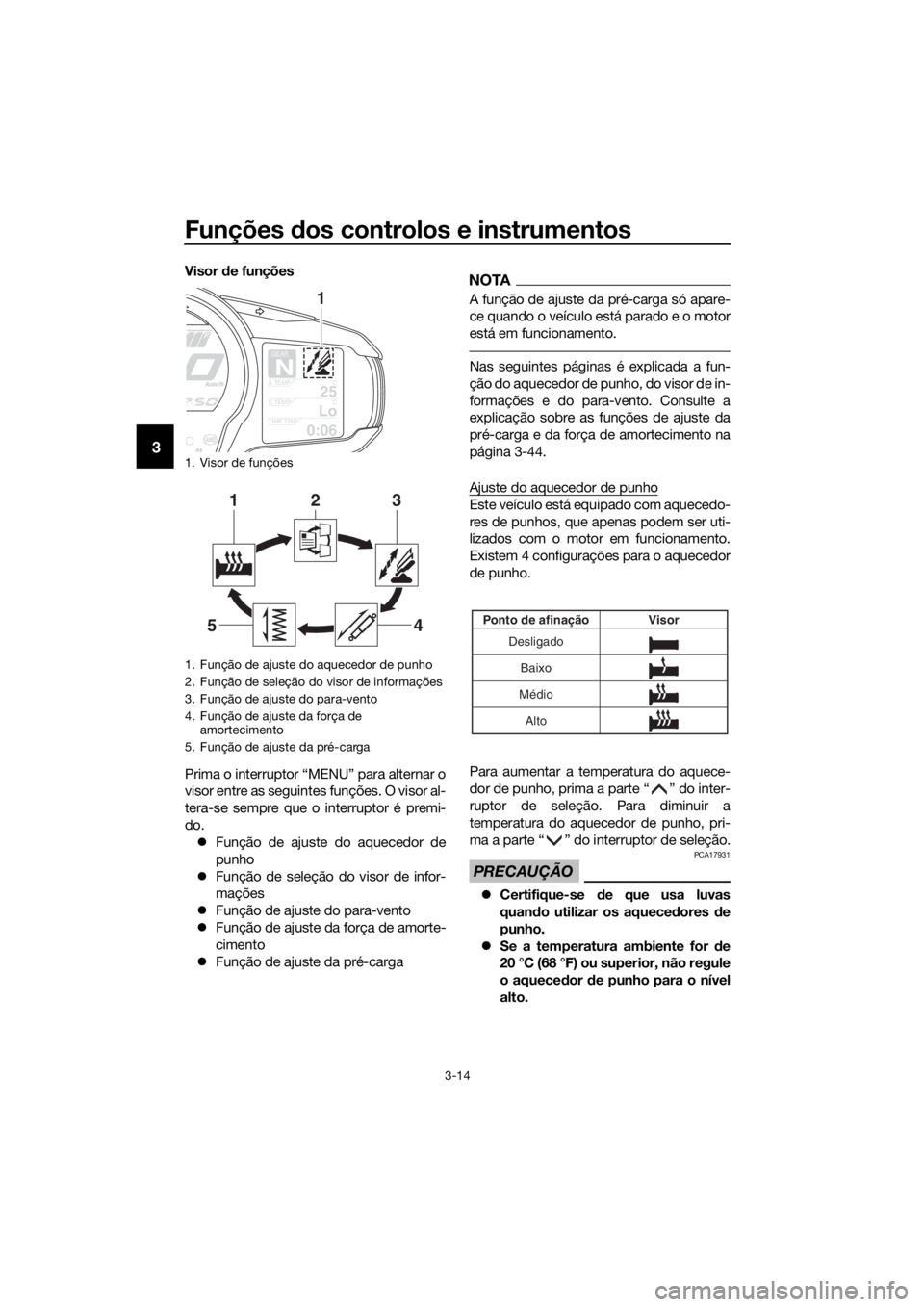 YAMAHA FJR1300AS 2016 Manual de utilização (in Portuguese) Funções dos controlos e instrumentos
3-14
3
Visor de funções
Prima o interruptor “MENU” para alternar o
visor entre as seguintes funções. O visor al-
tera-se sempre que o interruptor é pre YAMAHA FJR1300AS 2016 Manual de utilização (in Portuguese) Funções dos controlos e instrumentos
3-14
3
Visor de funções
Prima o interruptor “MENU” para alternar o
visor entre as seguintes funções. O visor al-
tera-se sempre que o interruptor é pre