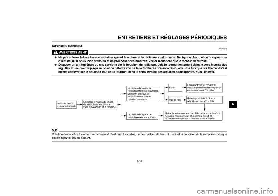 YAMAHA FJR1300AS 2013  Notices Demploi (in French) ENTRETIENS ET RÉGLAGES PÉRIODIQUES
6-37
6
Surchauffe du moteur
AVERTISSEMENT
FWAT1040
●
Ne pas enlever le bouchon du radiateur quand le moteur et le radiateur sont chauds. Du liquide chaud et de l