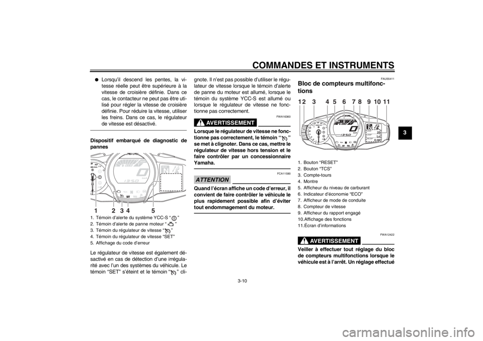 YAMAHA FJR1300AS 2013  Notices Demploi (in French) COMMANDES ET INSTRUMENTS
3-10
3
●
Lorsqu’il descend les pentes, la vi-
tesse réelle peut être supérieure à la
vitesse de croisière définie. Dans ce
cas, le contacteur ne peut pas être uti-
