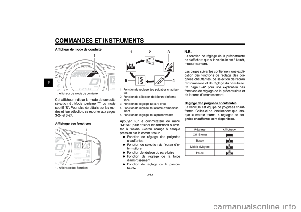 YAMAHA FJR1300AS 2013  Notices Demploi (in French) COMMANDES ET INSTRUMENTS
3-13
3
Afficheur de mode de conduite
Cet afficheur indique le mode de conduite
sélectionné : Mode tourisme “T” ou mode
sportif “S”. Pour plus de détails sur les mo-