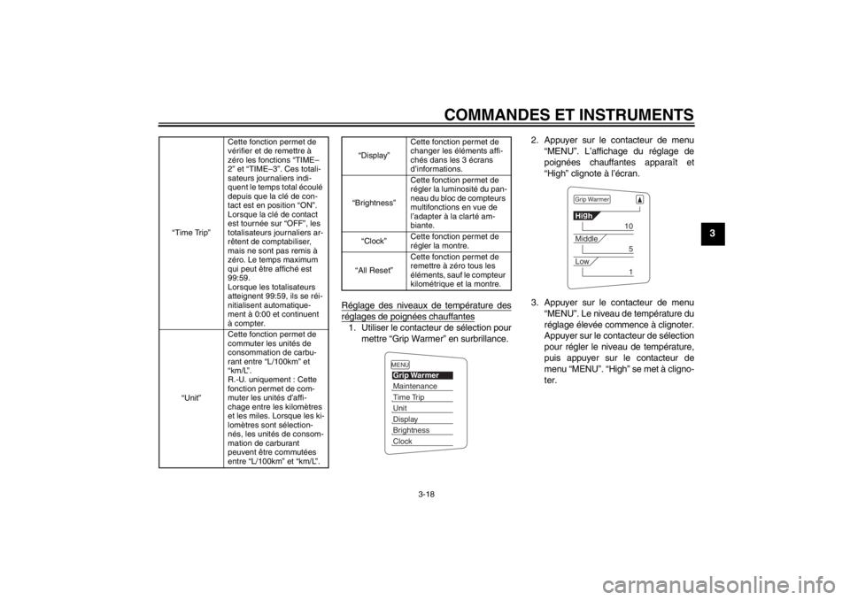YAMAHA FJR1300AS 2013  Notices Demploi (in French) COMMANDES ET INSTRUMENTS
3-18
3
Réglage des niveaux de température desréglages de poignées chauffantes1. Utiliser le contacteur de sélection pourmettre “Grip Warmer” en surbrillance. 2. Appuy