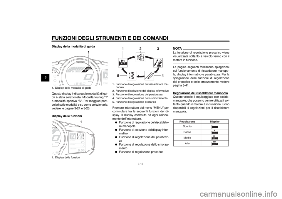 YAMAHA FJR1300AS 2013 Manuale duso (in Italian) FUNZIONI DEGLI STRUMENTI E DEI COMANDI
3-13
3
Display della modalità di guida
Questo display indica quale modalità di gui-
da è stata selezionata: Modalità touring “T”
o modalità sportiva “ YAMAHA FJR1300AS 2013 Manuale duso (in Italian) FUNZIONI DEGLI STRUMENTI E DEI COMANDI
3-13
3
Display della modalità di guida
Questo display indica quale modalità di gui-
da è stata selezionata: Modalità touring “T”
o modalità sportiva “