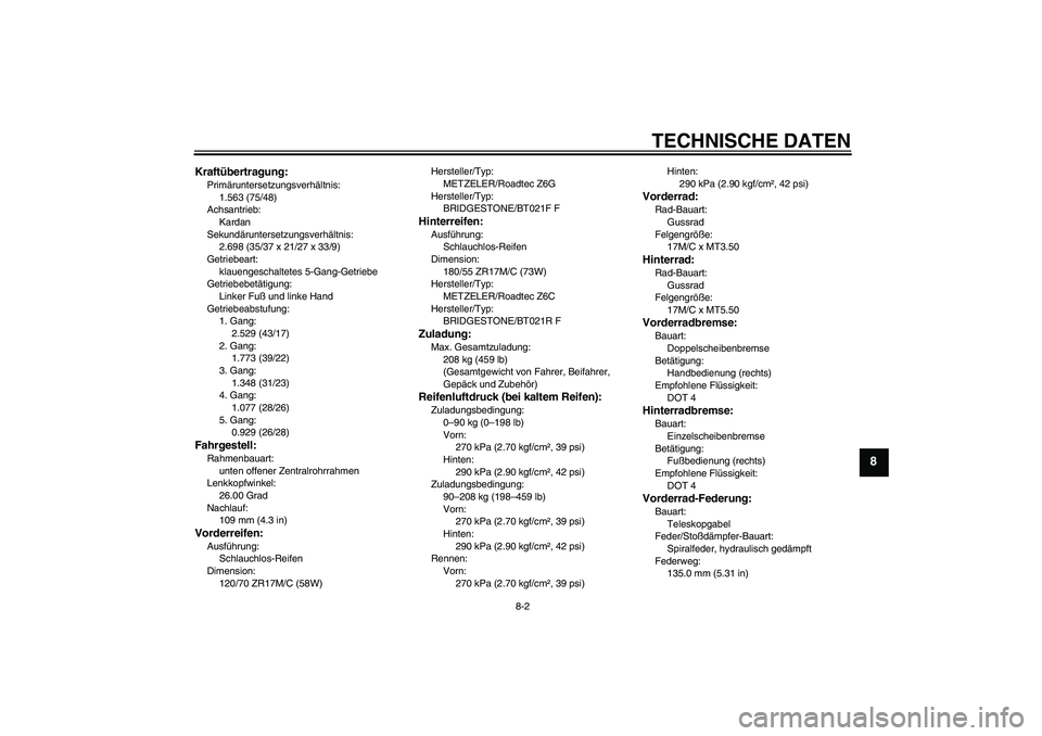 YAMAHA FJR1300AS 2011 Betriebsanleitungen (in German) TECHNISCHE DATEN
8-2
8
Kraftübertragung:Primäruntersetzungsverhältnis:
1.563 (75/48)
Achsantrieb:
Kardan
Sekundäruntersetzungsverhältnis:
2.698 (35/37 x 21/27 x 33/9)
Getriebeart:
klauengeschalte YAMAHA FJR1300AS 2011 Betriebsanleitungen (in German) TECHNISCHE DATEN
8-2
8
Kraftübertragung:Primäruntersetzungsverhältnis:
1.563 (75/48)
Achsantrieb:
Kardan
Sekundäruntersetzungsverhältnis:
2.698 (35/37 x 21/27 x 33/9)
Getriebeart:
klauengeschalte