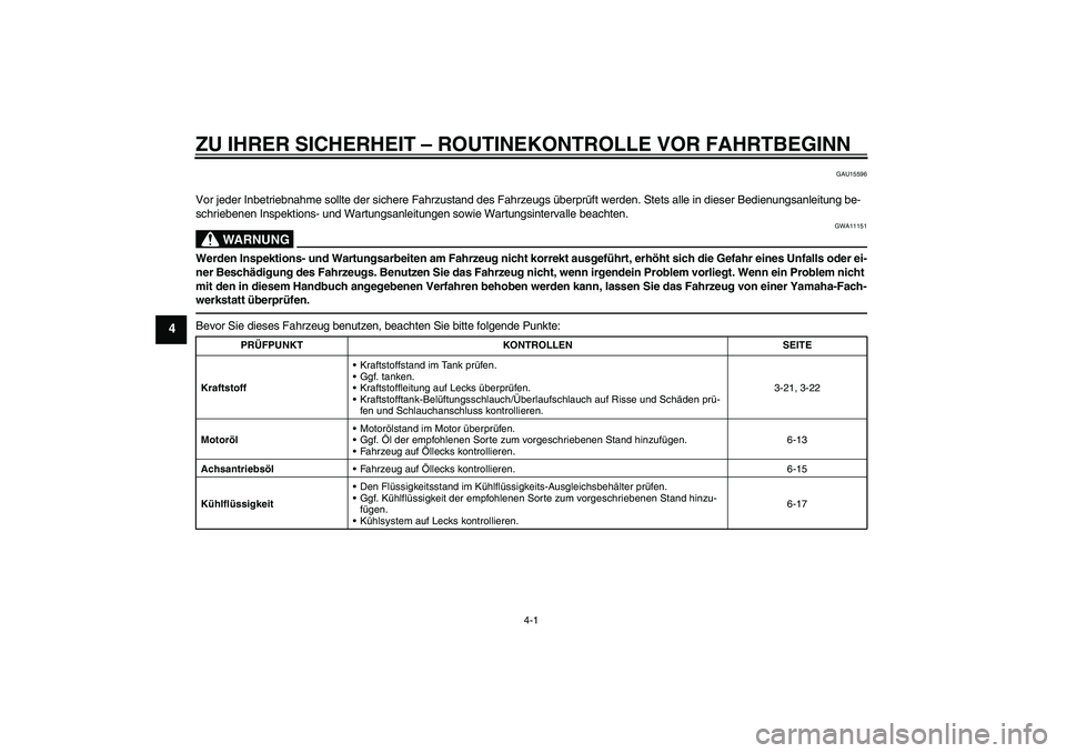 YAMAHA FJR1300AS 2011  Betriebsanleitungen (in German) ZU IHRER SICHERHEIT – ROUTINEKONTROLLE VOR FAHRTBEGINN
4-1
4
GAU15596
Vor jeder Inbetriebnahme sollte der sichere Fahrzustand des Fahrzeugs überprüft werden. Stets alle in dieser Bedienungsanleitu