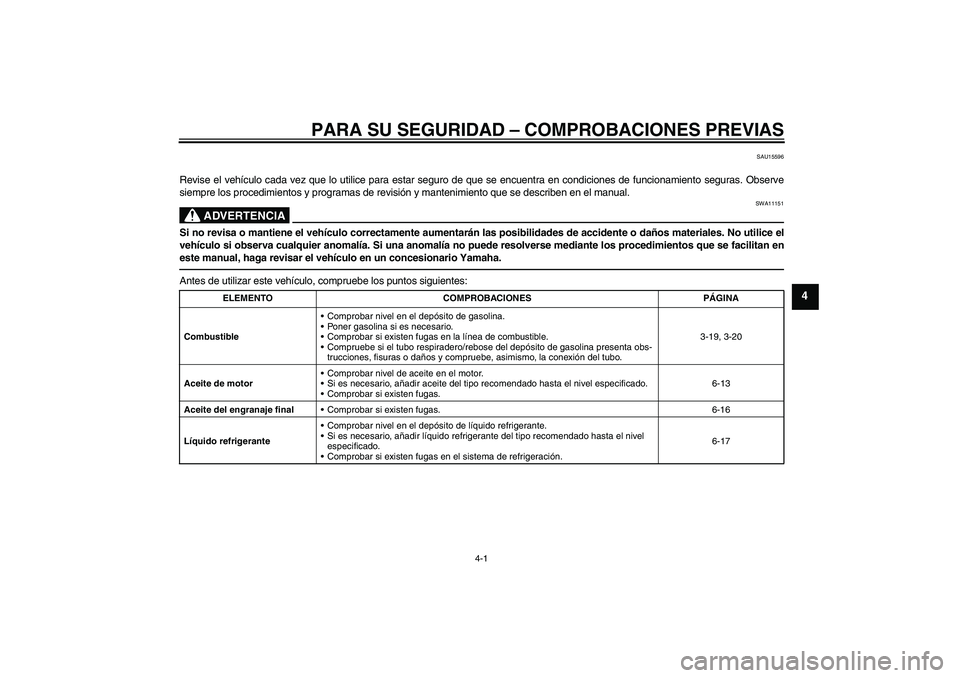 YAMAHA FJR1300AS 2011  Manuale de Empleo (in Spanish) PARA SU SEGURIDAD – COMPROBACIONES PREVIAS
4-1
4
SAU15596
Revise el vehículo cada vez que lo utilice para estar seguro de que se encuentra en condiciones de funcionamiento seguras. Observe
siempre 