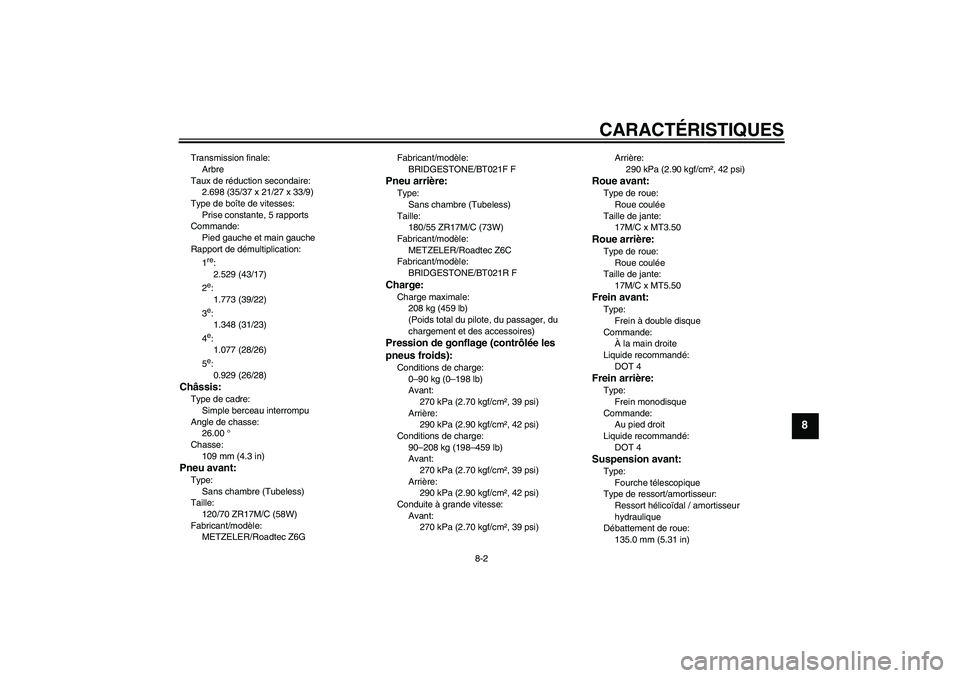 YAMAHA FJR1300AS 2011  Notices Demploi (in French) CARACTÉRISTIQUES
8-2
8
Transmission finale:
Arbre
Taux de réduction secondaire:
2.698 (35/37 x 21/27 x 33/9)
Type de boîte de vitesses:
Prise constante, 5 rapports
Commande:
Pied gauche et main gau