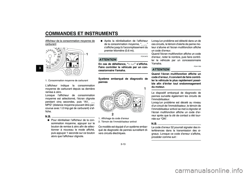 YAMAHA FJR1300AS 2011  Notices Demploi (in French) COMMANDES ET INSTRUMENTS
3-13
3
Afficheur de la consommation moyenne decarburantL’afficheur indique la consommation
moyenne de carburant depuis sa dernière
remise à zéro.
Lorsque l’afficheur de