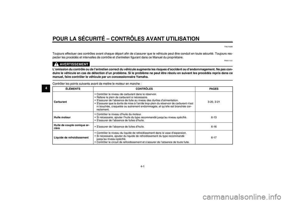 YAMAHA FJR1300AS 2011  Notices Demploi (in French) POUR LA SÉCURITÉ – CONTRÔLES AVANT UTILISATION
4-1
4
FAU15596
Toujours effectuer ces contrôles avant chaque départ afin de s’assurer que le véhicule peut être conduit en toute sécurité. T