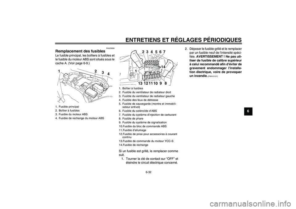 YAMAHA FJR1300AS 2011  Notices Demploi (in French) ENTRETIENS ET RÉGLAGES PÉRIODIQUES
6-32
6
FAU23659
Remplacement des fusibles Le fusible principal, les boîtiers à fusibles et
le fusible du moteur ABS sont situés sous le
cache A. (Voir page 6-9.