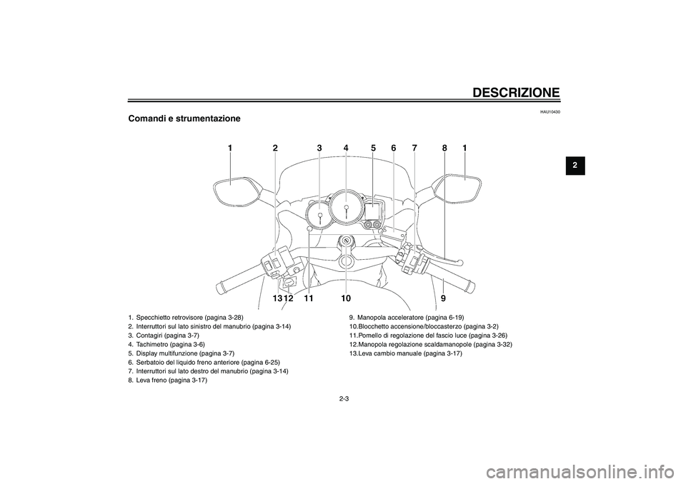 YAMAHA FJR1300AS 2011 Manuale duso (in Italian) DESCRIZIONE
2-3
2
HAU10430
Comandi e strumentazione1. Specchietto retrovisore (pagina 3-28)
2. Interruttori sul lato sinistro del manubrio (pagina 3-14)
3. Contagiri (pagina 3-7)
4. Tachimetro (pagina YAMAHA FJR1300AS 2011 Manuale duso (in Italian) DESCRIZIONE
2-3
2
HAU10430
Comandi e strumentazione1. Specchietto retrovisore (pagina 3-28)
2. Interruttori sul lato sinistro del manubrio (pagina 3-14)
3. Contagiri (pagina 3-7)
4. Tachimetro (pagina