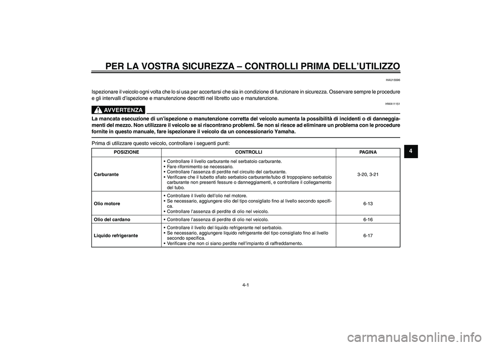 YAMAHA FJR1300AS 2011  Manuale duso (in Italian) PER LA VOSTRA SICUREZZA – CONTROLLI PRIMA DELL’UTILIZZO
4-1
4
HAU15596
Ispezionare il veicolo ogni volta che lo si usa per accertarsi che sia in condizione di funzionare in sicurezza. Osservare se