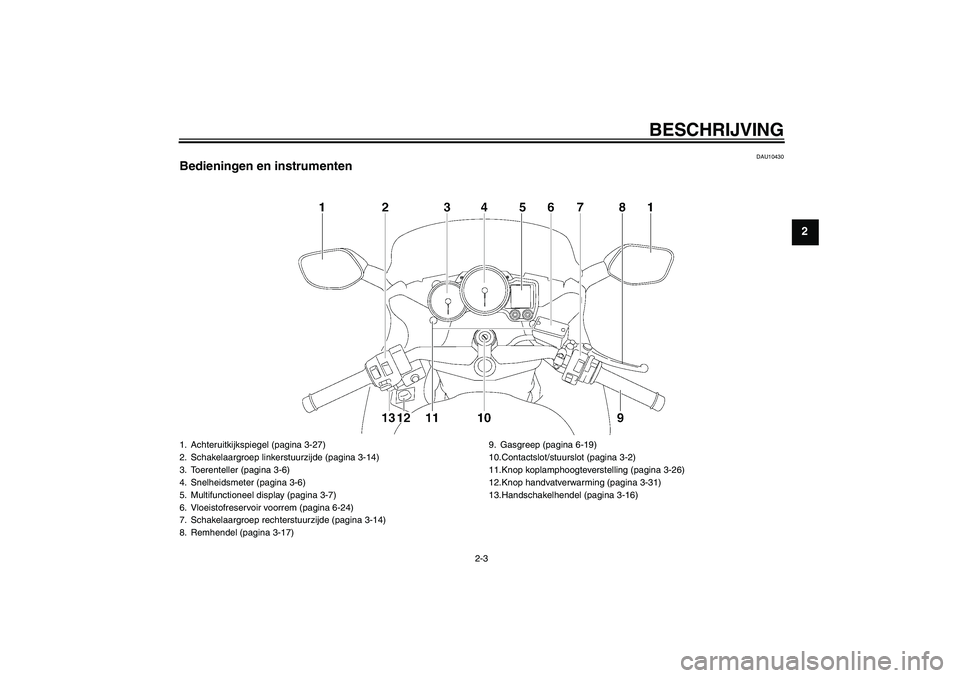 YAMAHA FJR1300AS 2011  Instructieboekje (in Dutch) BESCHRIJVING
2-3
2
DAU10430
Bedieningen en instrumenten1. Achteruitkijkspiegel (pagina 3-27)
2. Schakelaargroep linkerstuurzijde (pagina 3-14)
3. Toerenteller (pagina 3-6)
4. Snelheidsmeter (pagina 3-