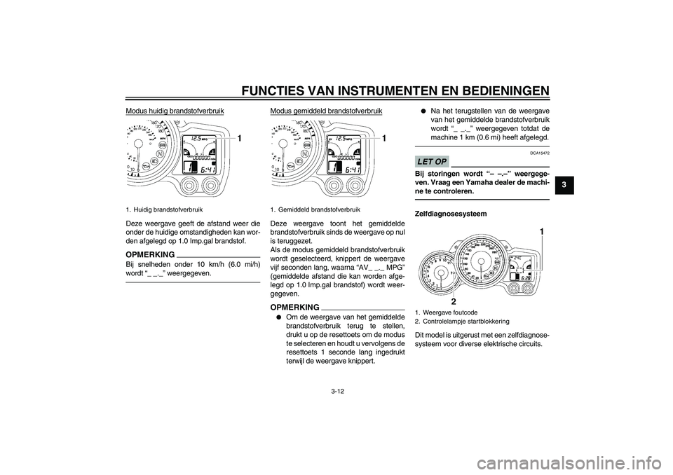 YAMAHA FJR1300AS 2011 Instructieboekje (in Dutch) FUNCTIES VAN INSTRUMENTEN EN BEDIENINGEN
3-12
3
Modus huidig brandstofverbruikDeze weergave geeft de afstand weer die
onder de huidige omstandigheden kan wor-
den afgelegd op 1.0 Imp.gal brandstof.OPM YAMAHA FJR1300AS 2011 Instructieboekje (in Dutch) FUNCTIES VAN INSTRUMENTEN EN BEDIENINGEN
3-12
3
Modus huidig brandstofverbruikDeze weergave geeft de afstand weer die
onder de huidige omstandigheden kan wor-
den afgelegd op 1.0 Imp.gal brandstof.OPM