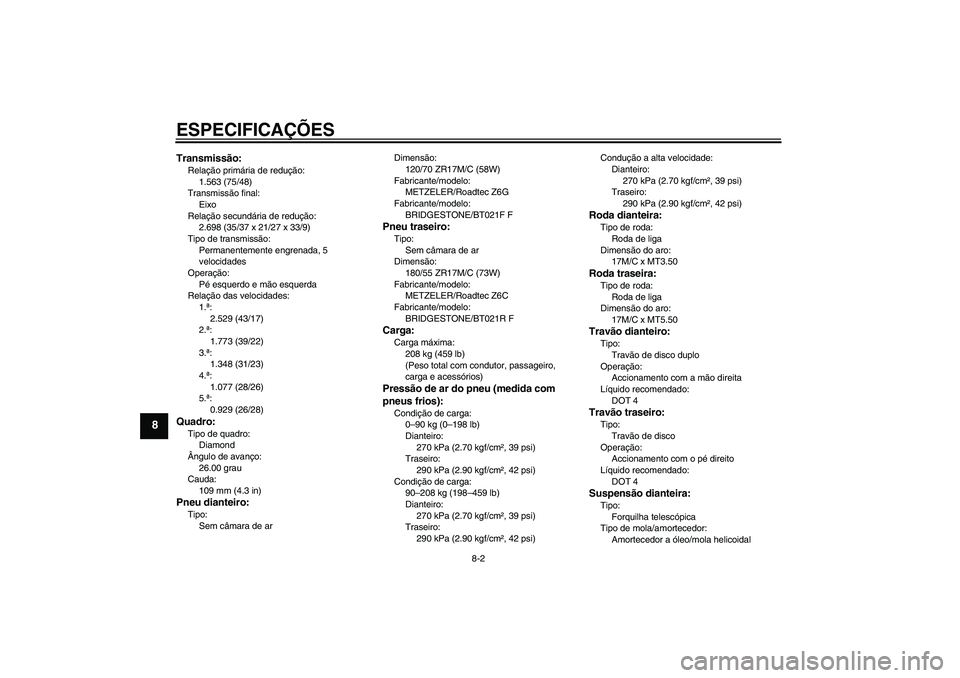 YAMAHA FJR1300AS 2011  Manual de utilização (in Portuguese) ESPECIFICAÇÕES
8-2
8
Transmissão:Relação primária de redução:
1.563 (75/48)
Transmissão final:
Eixo
Relação secundária de redução:
2.698 (35/37 x 21/27 x 33/9)
Tipo de transmissão:
Perm