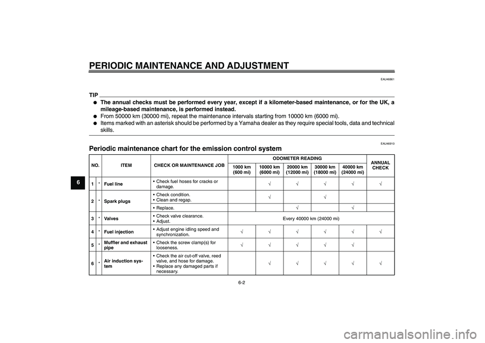 YAMAHA FJR1300AS 2010  Owners Manual PERIODIC MAINTENANCE AND ADJUSTMENT
6-2
6
EAU46861
TIP
The annual checks must be performed every year, except if a kilometer-based maintenance, or for the UK, a
mileage-based maintenance, is performe