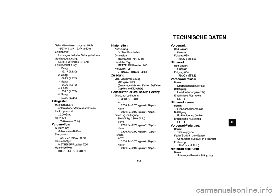 YAMAHA FJR1300AS 2010 Betriebsanleitungen (in German) TECHNISCHE DATEN
8-2
8
Sekundäruntersetzungsverhältnis:
35/37 × 21/27 × 33/9 (2.698)
Getriebeart:
klauengeschaltetes 5-Gang-Getriebe
Getriebebetätigung:
Linker Fuß und linke Hand
Getriebeabstufu YAMAHA FJR1300AS 2010 Betriebsanleitungen (in German) TECHNISCHE DATEN
8-2
8
Sekundäruntersetzungsverhältnis:
35/37 × 21/27 × 33/9 (2.698)
Getriebeart:
klauengeschaltetes 5-Gang-Getriebe
Getriebebetätigung:
Linker Fuß und linke Hand
Getriebeabstufu