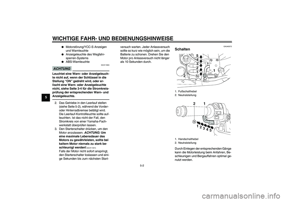 YAMAHA FJR1300AS 2010  Betriebsanleitungen (in German) WICHTIGE FAHR- UND BEDIENUNGSHINWEISE
5-2
5

Motorstörung/YCC-S Anzeigen 
und Warnleuchte

Anzeigeleuchte des Wegfahr-
sperren-Systems

ABS-Warnleuchte
ACHTUNG
GCA11833
Leuchtet eine Warn- oder An