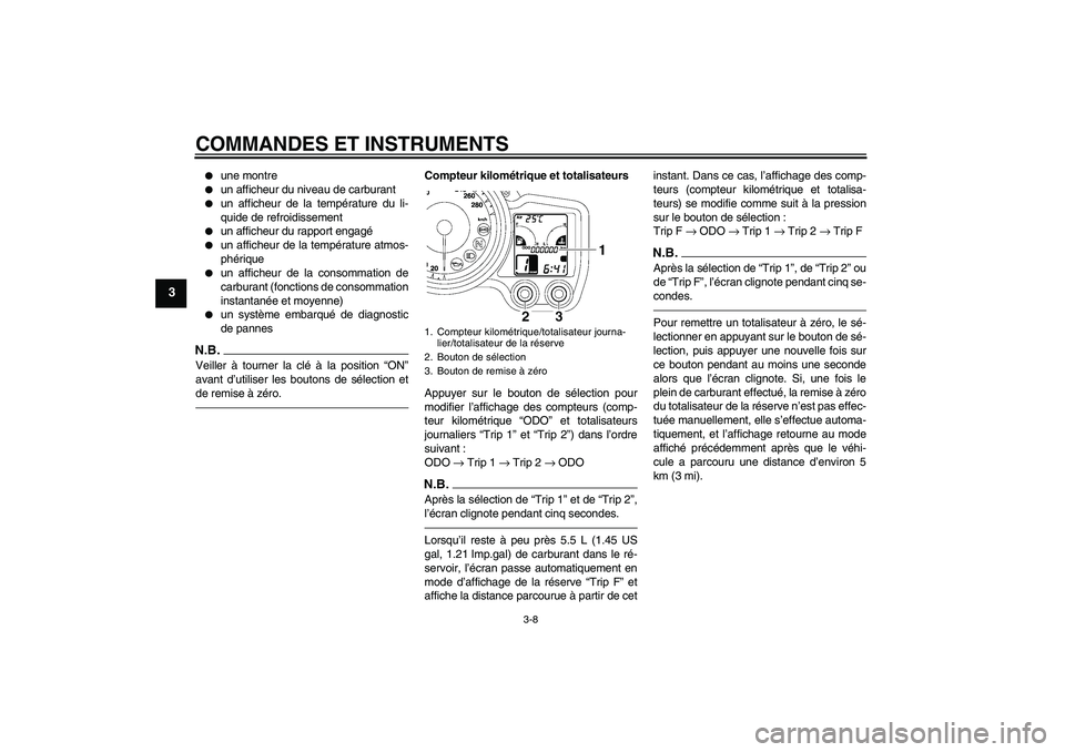 YAMAHA FJR1300AS 2010  Notices Demploi (in French) COMMANDES ET INSTRUMENTS
3-8
3

une montre

un afficheur du niveau de carburant

un afficheur de la température du li-
quide de refroidissement

un afficheur du rapport engagé

un afficheur de 