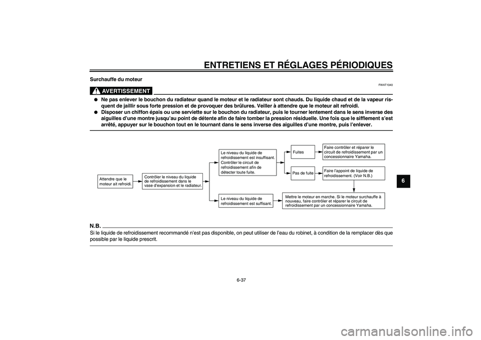 YAMAHA FJR1300AS 2010  Notices Demploi (in French) ENTRETIENS ET RÉGLAGES PÉRIODIQUES
6-37
6
Surchauffe du moteur
AVERTISSEMENT
FWAT1040

Ne pas enlever le bouchon du radiateur quand le moteur et le radiateur sont chauds. Du liquide chaud et de la 