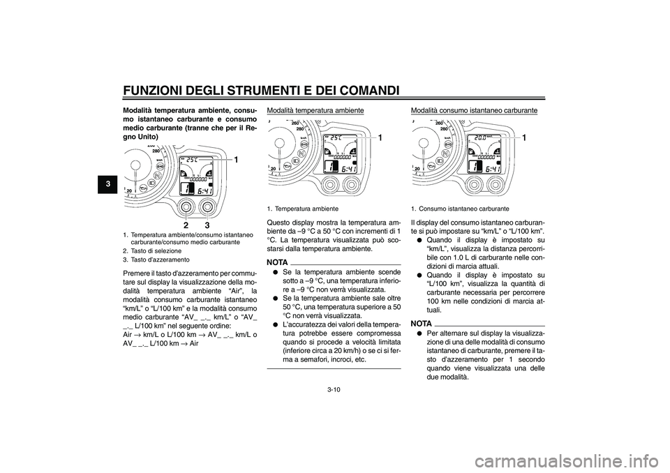 YAMAHA FJR1300AS 2010  Manuale duso (in Italian) FUNZIONI DEGLI STRUMENTI E DEI COMANDI
3-10
3
Modalità temperatura ambiente, consu-
mo istantaneo carburante e consumo
medio carburante (tranne che per il Re-
gno Unito)
Premere il tasto d’azzerame