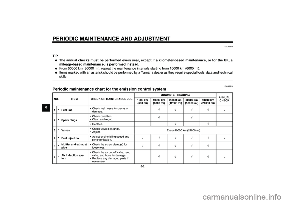 YAMAHA FJR1300AS 2009  Owners Manual PERIODIC MAINTENANCE AND ADJUSTMENT
6-2
6
EAU46860
TIP
The annual checks must be performed every year, except if a kilometer-based maintenance, or for the UK, a
mileage-based maintenance, is performe